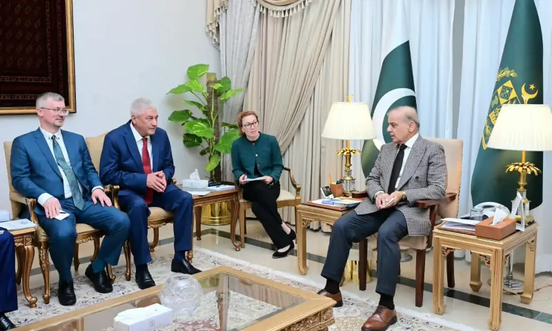 Prime Minister Shehbaz Sharif in a meeting with Russian Interior Minister Vladimir Kolokoltsev in Islamabad