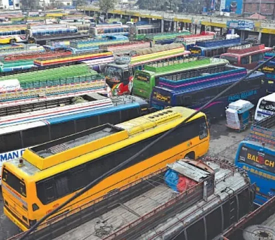 Closed intercity bus terminal in Lahore with parked buses